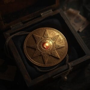 Lucid origin An ancient eight pointed golden star shaped medallion resting inside a weathered 0.jpg